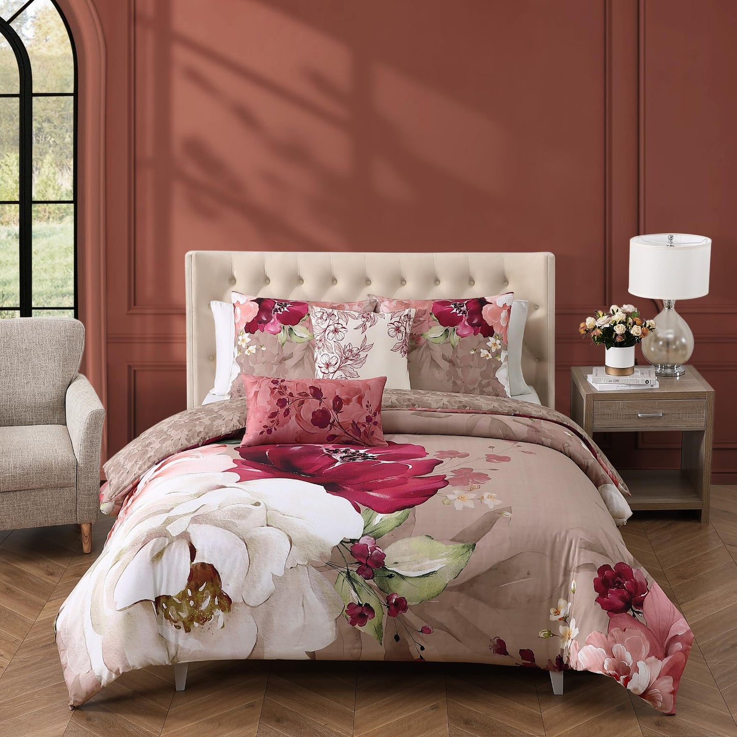 Bebejan Florence King Size Comforter Set - 5 Piece Reversible Bedding Set, 100% Cotton Sateen, Soft & Smooth - All Season Luxury King Comforter Set 1 Comforter, 2 Shams & 2 Pillows (King/Cal King)