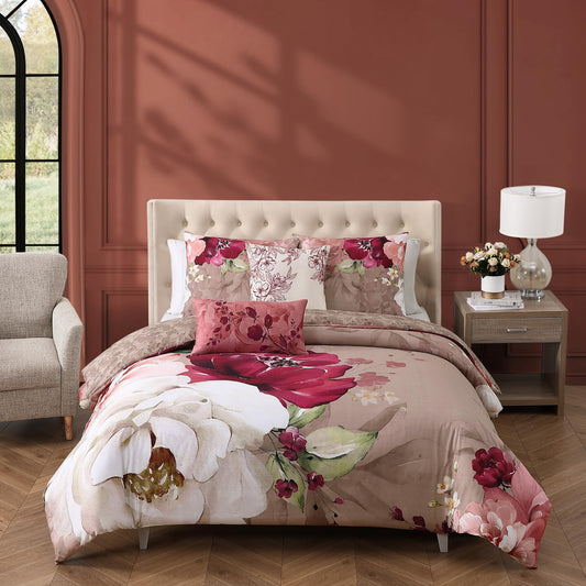 Bebejan Florence King Size Comforter Set - 5 Piece Reversible Bedding Set, 100% Cotton Sateen, Soft & Smooth - All Season Luxury King Comforter Set 1 Comforter, 2 Shams & 2 Pillows (King/Cal King)