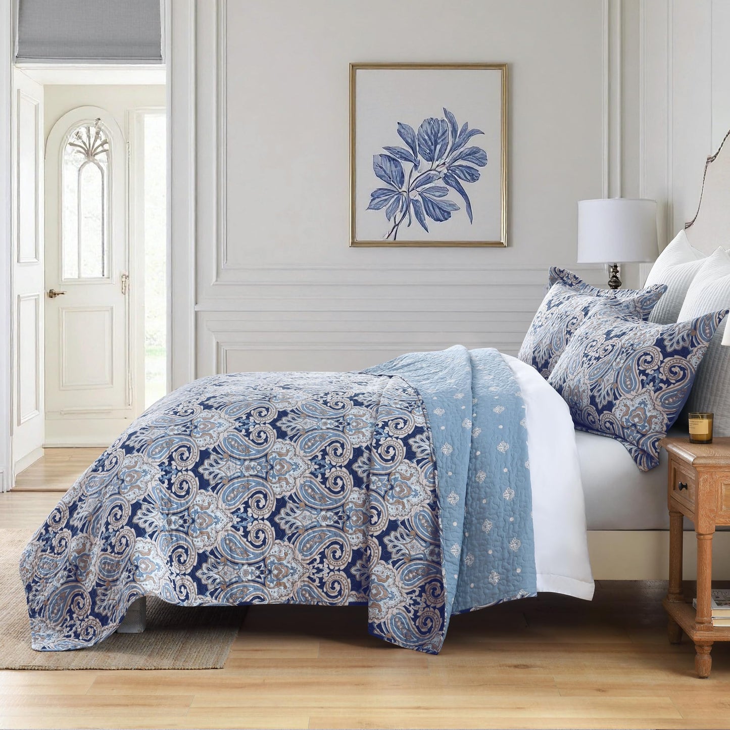 BCOTTOND Blue Paisley Queen Size Quilt Set - Reversible Paisley Beige Floral Quilts Queen Size, 100% Cotton Lightweight Bedspread Set, Luxury Quilt Bedding Set for Queen Bed, Navy Blue, 90×98