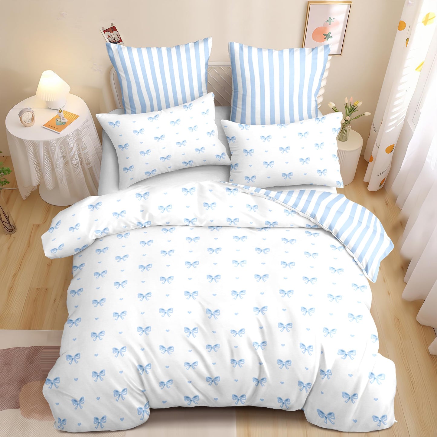 Sedefen Bow Duvet Cover Queen Size Blue Striped On White Bedding Set 3 Pieces Cute Heart Printed Stripe Reversible Princess Style Soft Breathable Microfiber Duvet Cover Set with Zipper Closure