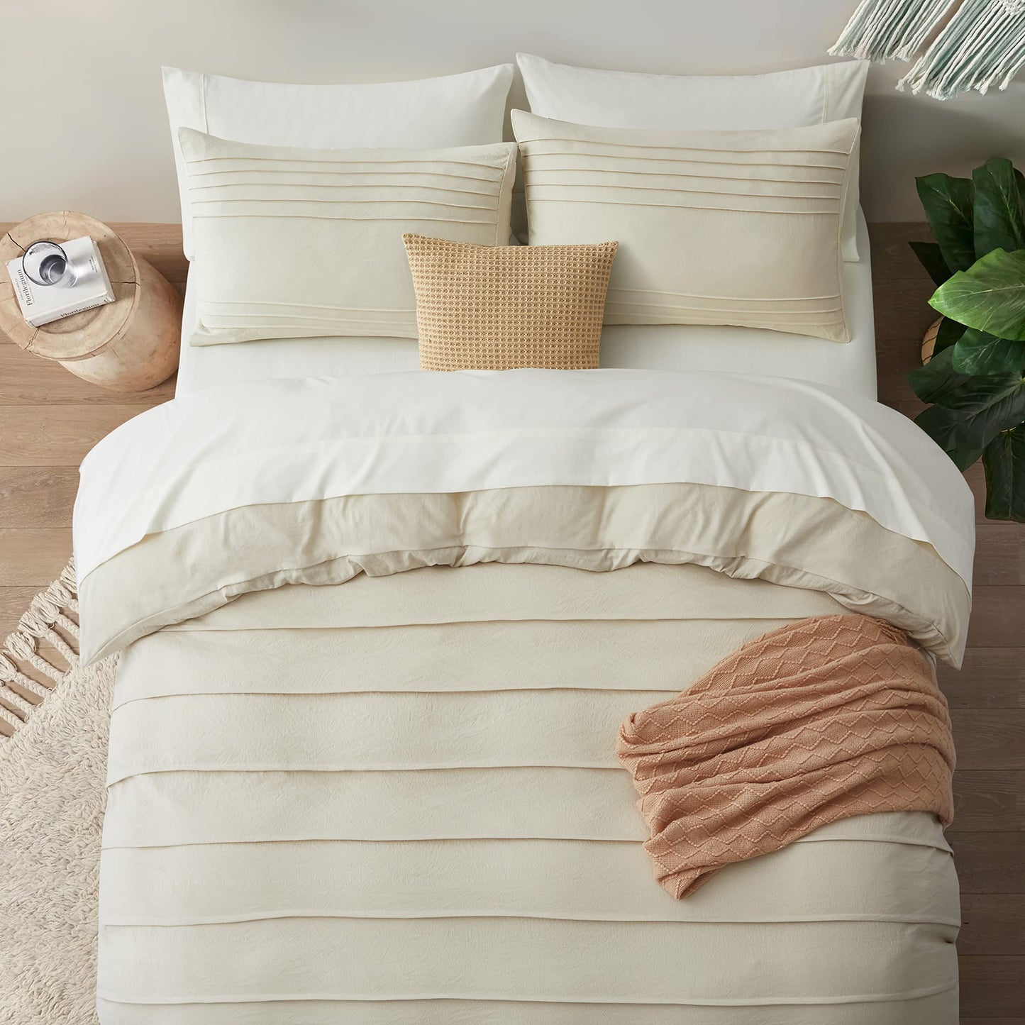 Oli Anderson Beige Duvet Cover King Size - Pleated King Duvet Cover, 3PCS Soft and Breathable Textured Bedding Set with Zipper Closure(Beige,104"x90")