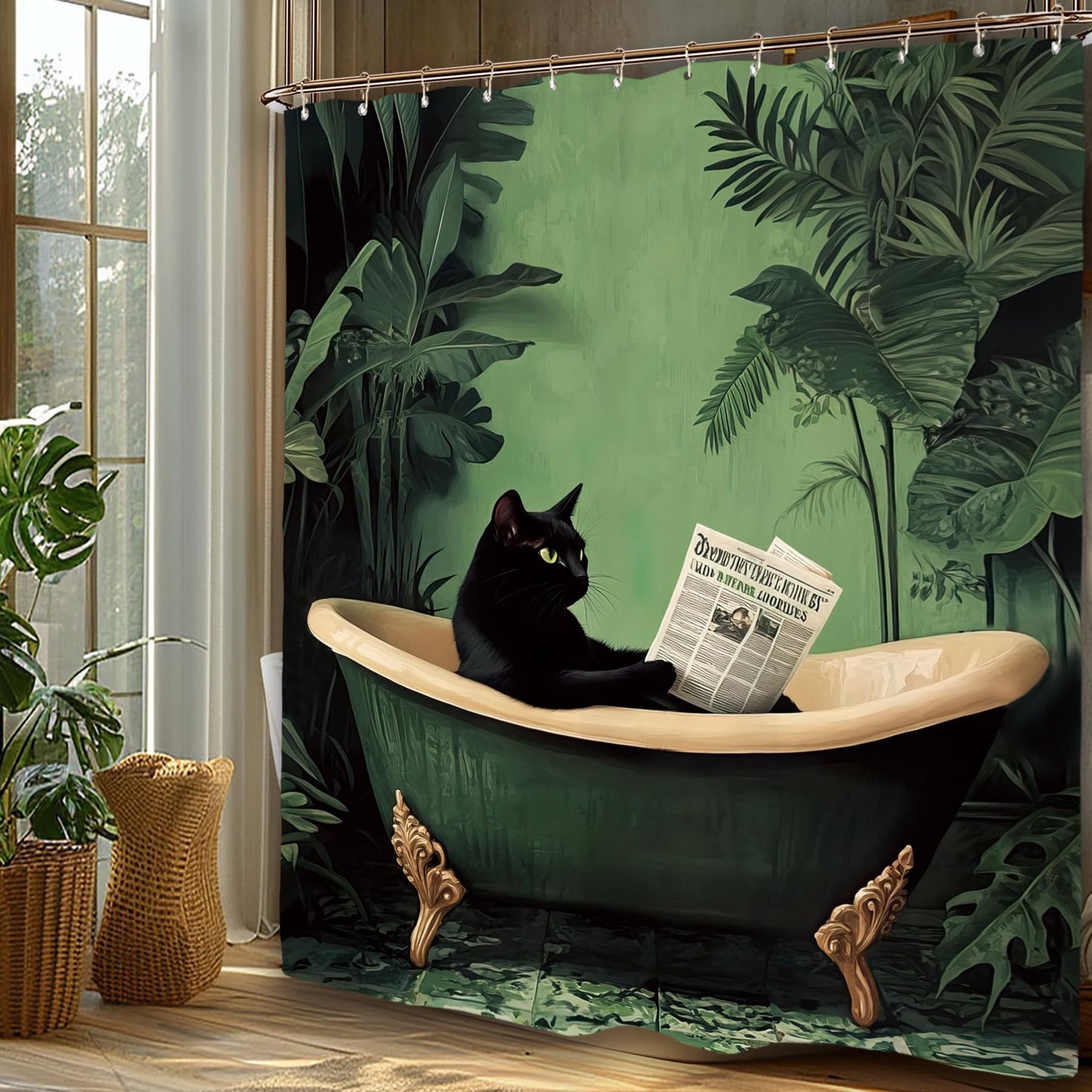 Miyotaa Funny Black Cat Shower Curtain Set 60Wx71H Inches Animal Hilarious Vintage Tropical Leaves Green Plant Polyester Waterproof Cloth Bathroom Curtain with 12 Hooks