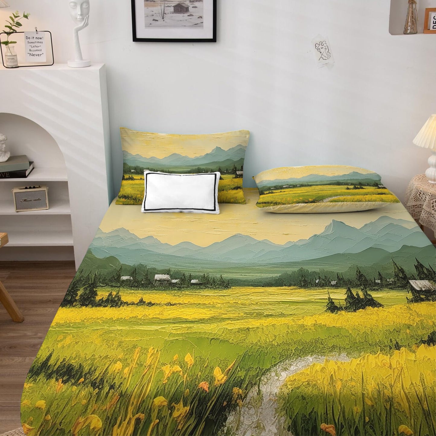 Landscape Sheets Full Size, Yellow Flower Bed Sheets, Patterned Bedding Sheets & Pillowcases 4 Piece Set - Soft Microfiber Deep Pocket Fitted Sheet & Flat Sheet & 2 Pillow Cases J6-&-263