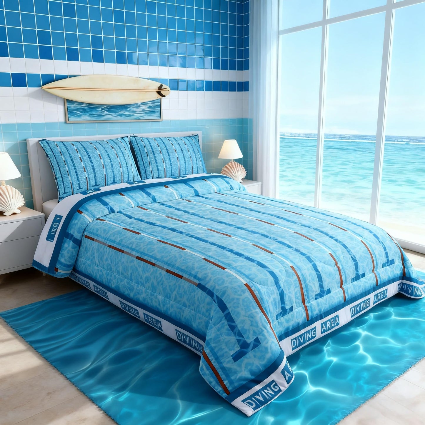 Manfei Swimming Kids Comforter Set Queen Size,Swim Sports Games Modern Fashion Bedding Set,Boys Girls Adults Room Decor,Swimming Pool Chic Down Comforter,Blue Unique Duvet Insert,2 Pillowcases