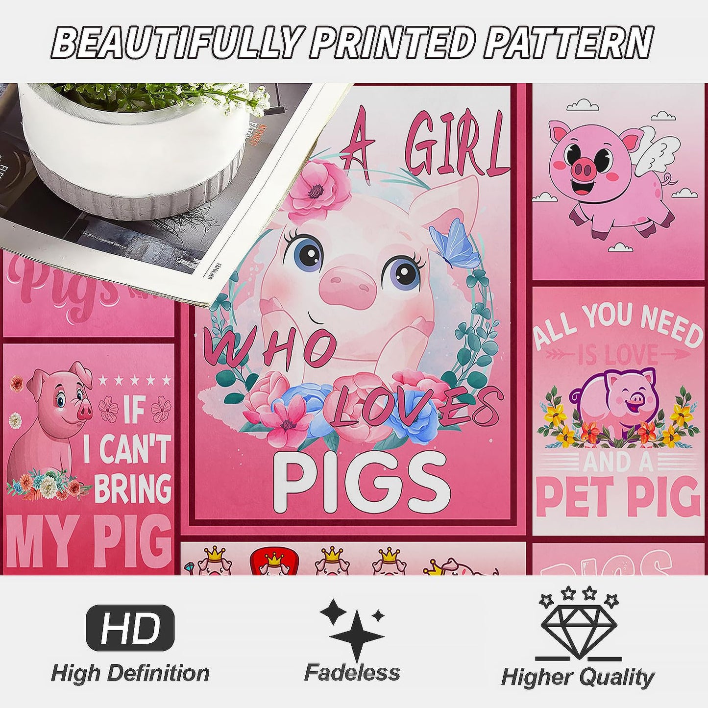 XSMEI Pig Throw Blanket, Cute Piggy Quotes Pattern, Soft Cozy Fleece Blanket for Couch Bed, 60 x 80 Inches
