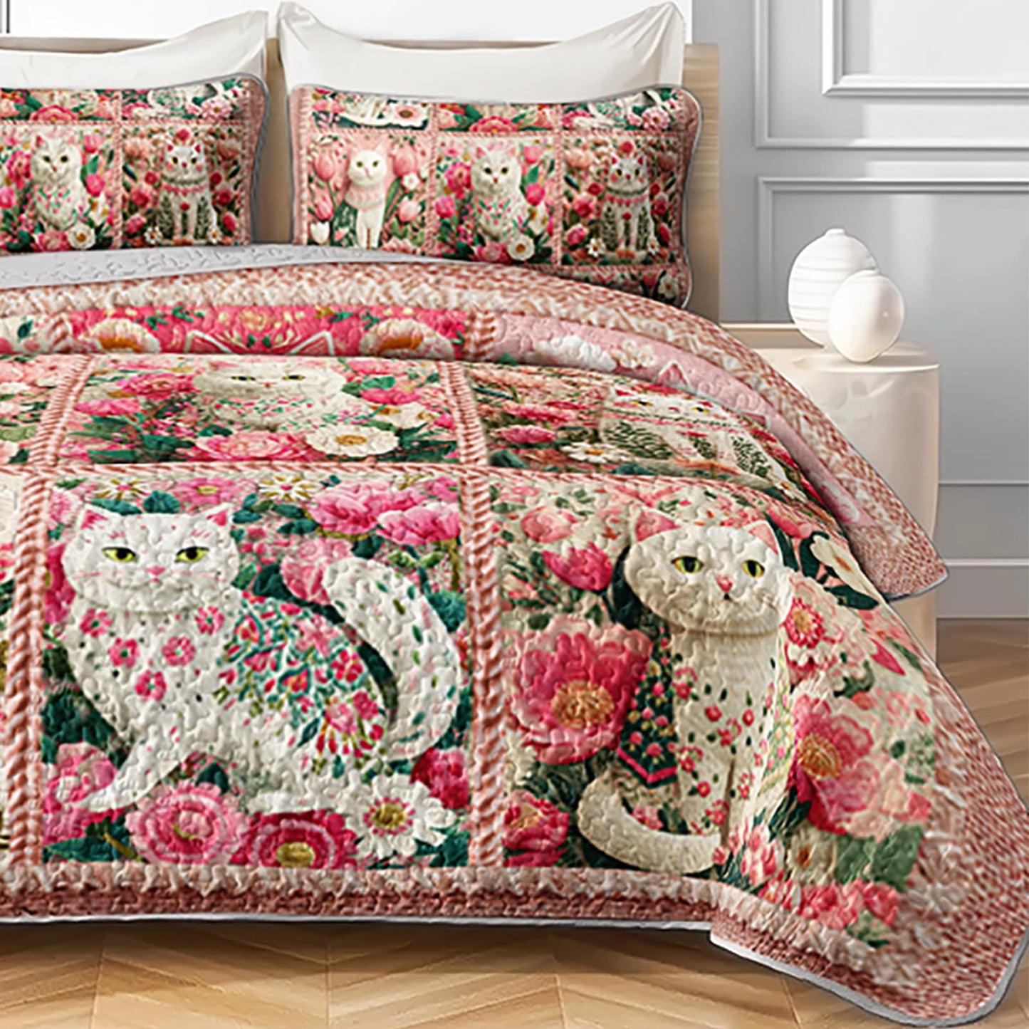 AILONEN Floral Cat Quilted Bedding Set King Size - Pink Cat Bedspread Coverlet,3-Piece Printed Bedding for Kids Girls Room Decor,Soft Microfiber Quilt,2 Pillowcases