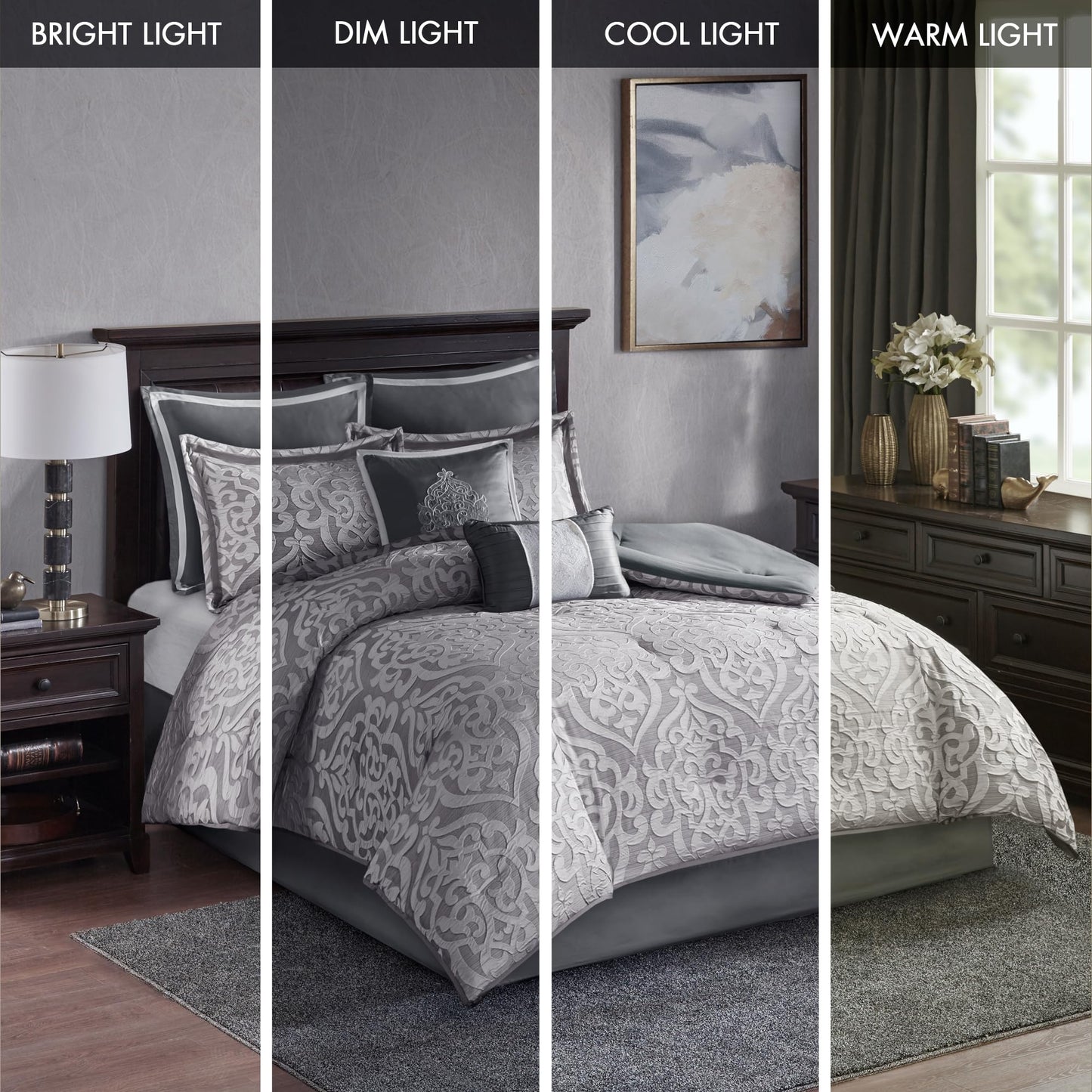 Madison Park Odette Cozy Comforter Set Jacquard Damask Medallion Design - Modern All Season, Down Alternative Bedding, Shams, Decorative Pillows, King(104 in x 92 in), Silver 8 Piece