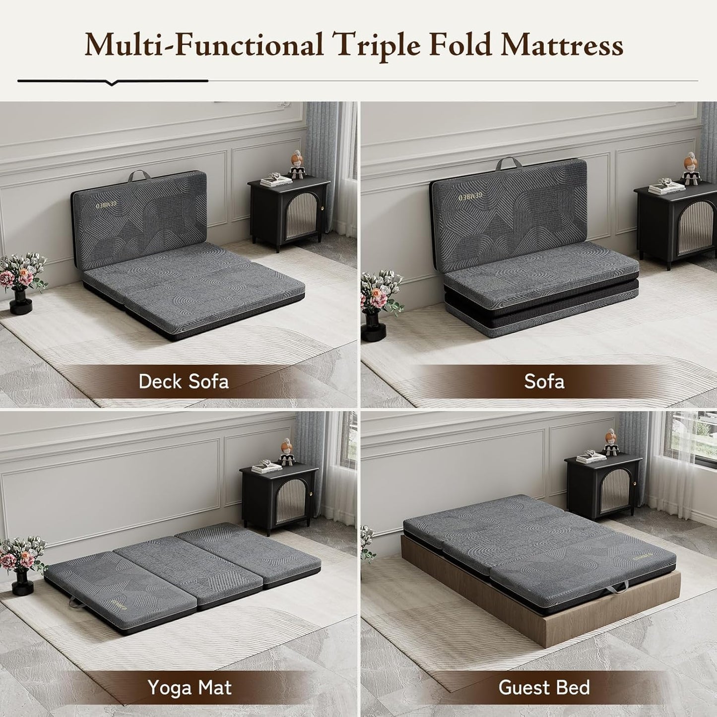 GEMBED Tri Folding Mattress Twin Size - Memory Foam Tri-fold Mattress, Handle & Non-Slip Bottom, Portable Foldable Sofa Bed Floor Chair for Travel RV Camping Guest Yoga - 4 Inch, 75" 38"x4"