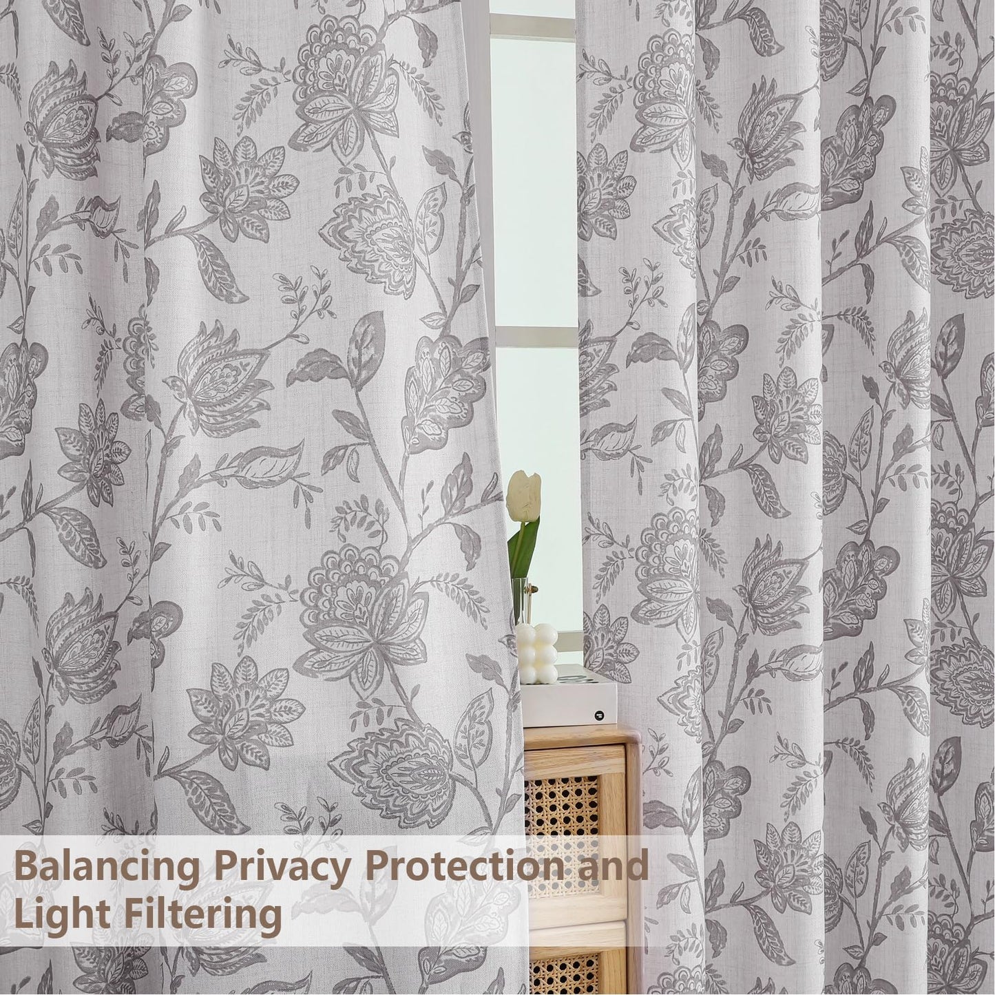 Ebesto Floral Curtains 63 Inch Length - Light Filtering Faux Linen Flower Printed Window Curtains for Bedroom, Rod Pocket No-See Through Privacy Drapes, 2 Panels, Each 40Wx63L Inches, Grey