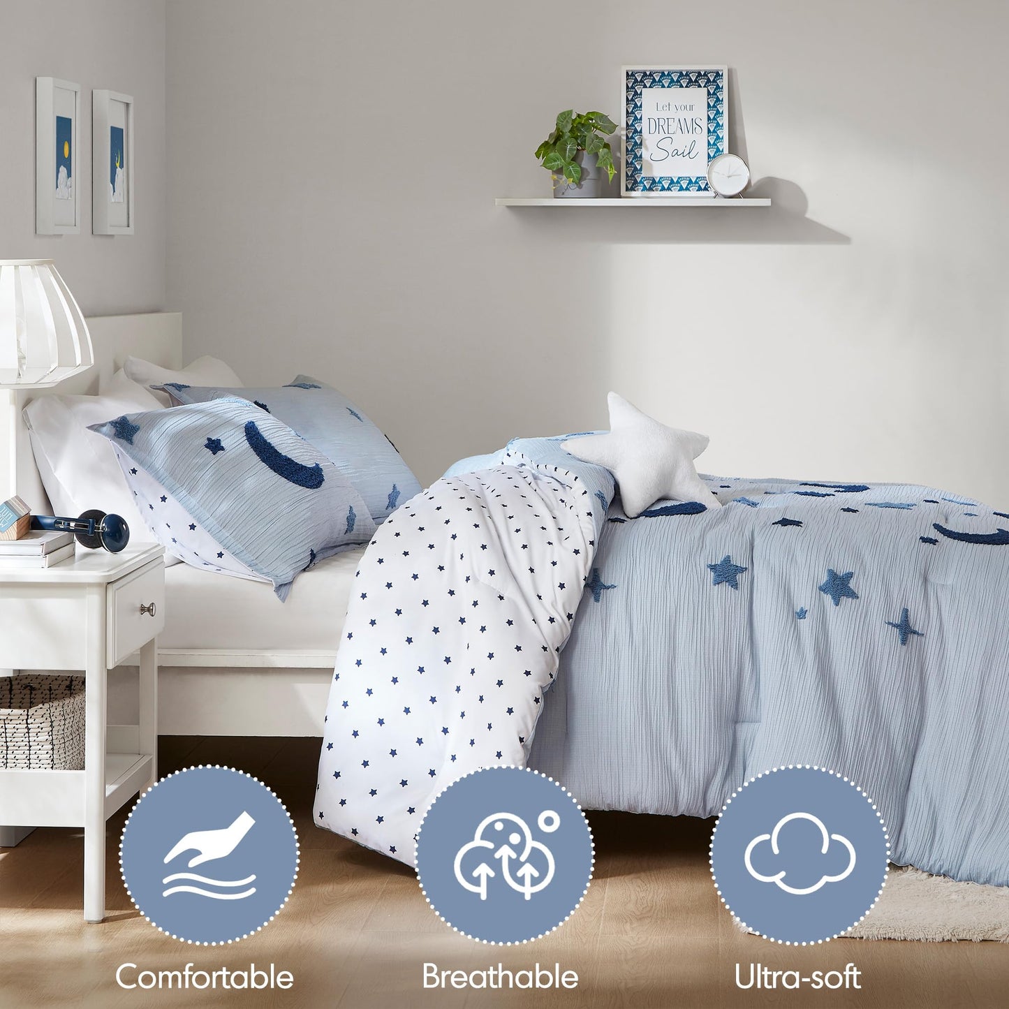 Intelligent Design Kids Cosmos Twin Size Comforter Set – Blue Star and Moon Tufted Chenille, Reversible 3-Piece Bedding with Star Pillow