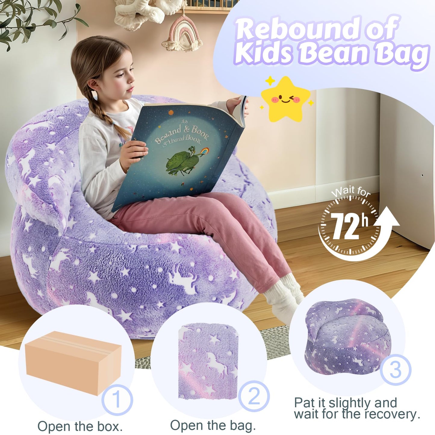 COMAX Bean Bag Chair for Kids, Dinosaur Convertible Toddler Beanbag Bed, Children Bean Chair Stuffed to Floor Mattress with Filler, Purple Unicorn