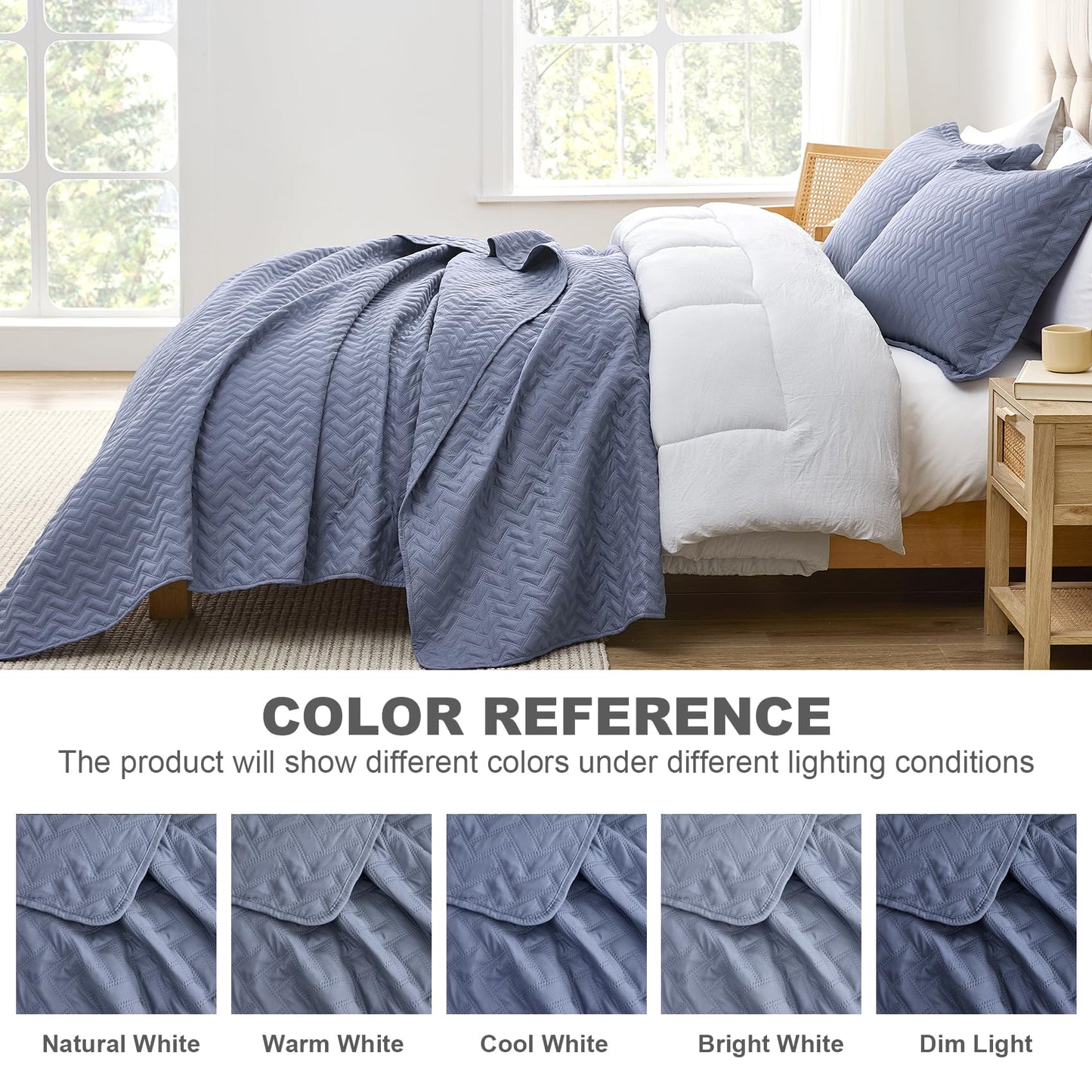 Hansleep Greyish Blue Quilt Queen Size - Chevron Pattern Ultrasonic All Season Bedspread Queen, Soft Lightweight Coverlet Bedding Set, 3 Piece (1 Quilt, 2 Pillow Shams)