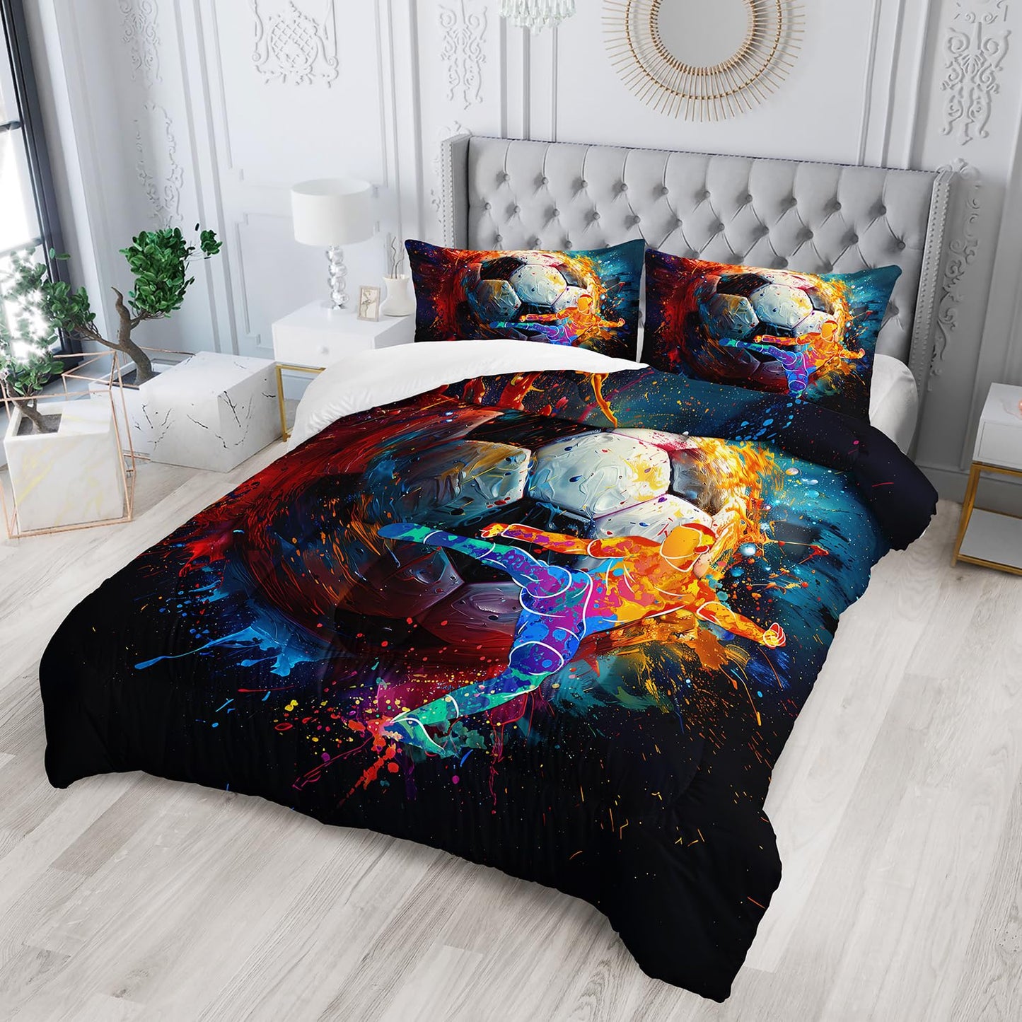 AILONEN Sport Soccer Comforter Set Queen Size,3D Oil Painting Football Printed Bedding Set Decor,Football Player Soft Microfiber Comforter with 2 Pillowcases,3-Piece All Season