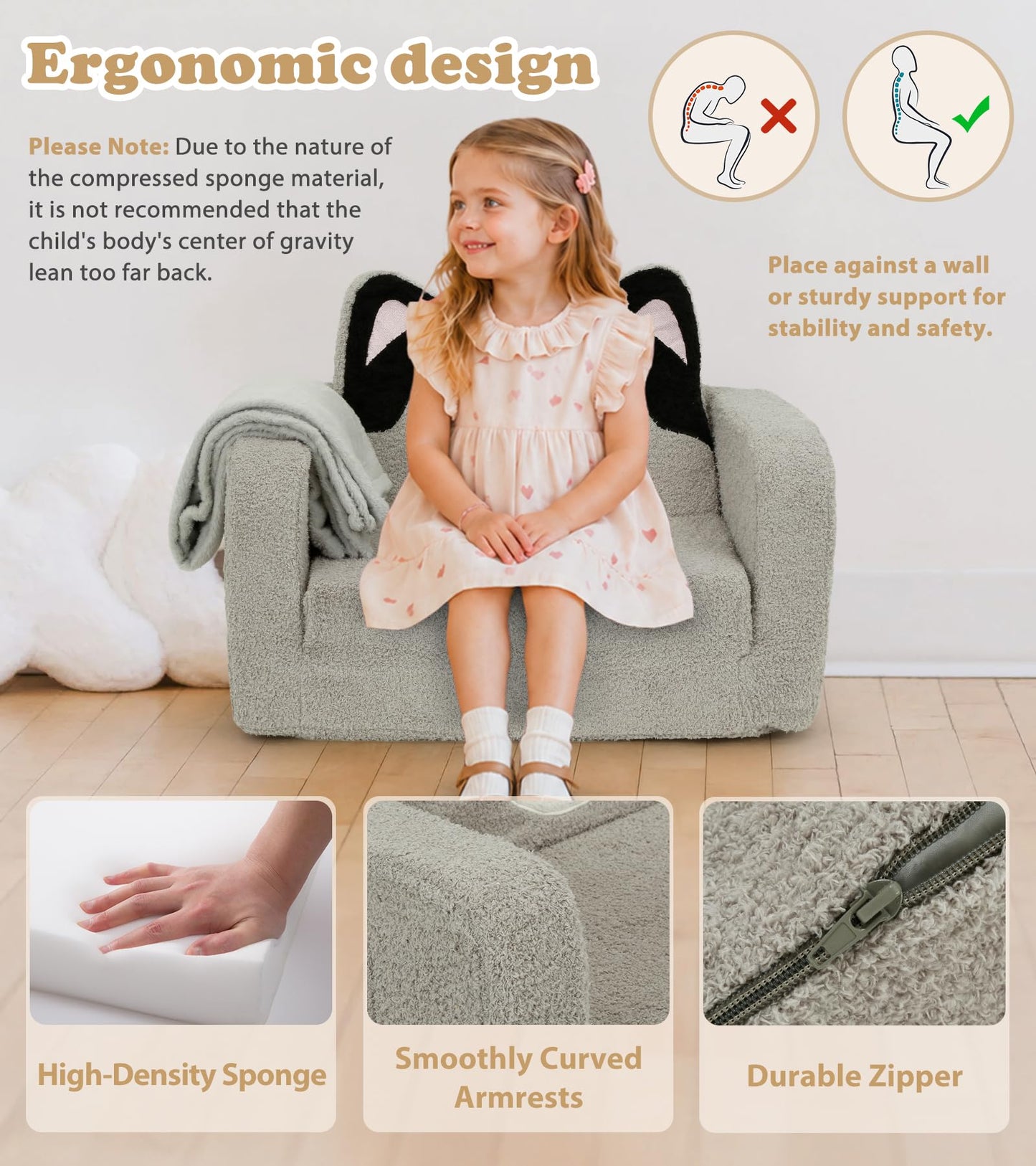 Foryoomi Upgraded Kids Couch, 2-in-1 Soft Top-Flip Fold Out with Blanket, Comfy Convertible Plush Sofa Chair, Great Gifts for Little Ones, Husky
