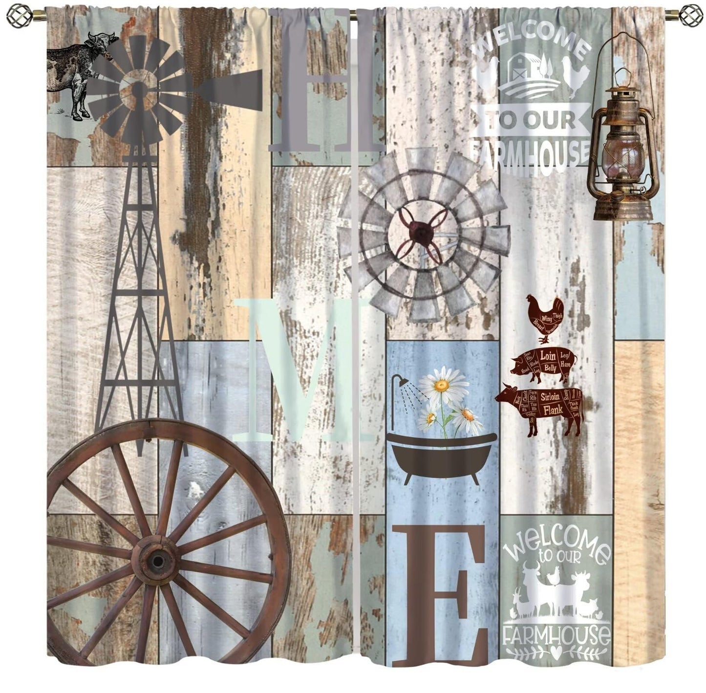 wlsgdsg Rustic Curtains,Retro Rustic Farmhouse Animal Barn Door Windmill Daisy Window Treatments Curtains Cafe Bedroom Office Dining Room Living Room Kitchen Drapes, 42x45 in
