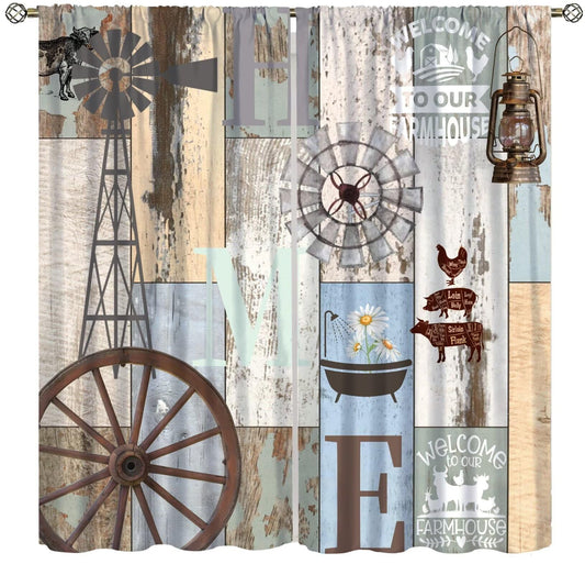 wlsgdsg Rustic Curtains,Retro Rustic Farmhouse Animal Barn Door Windmill Daisy Window Treatments Curtains Cafe Bedroom Office Dining Room Living Room Kitchen Drapes, 42x45 in