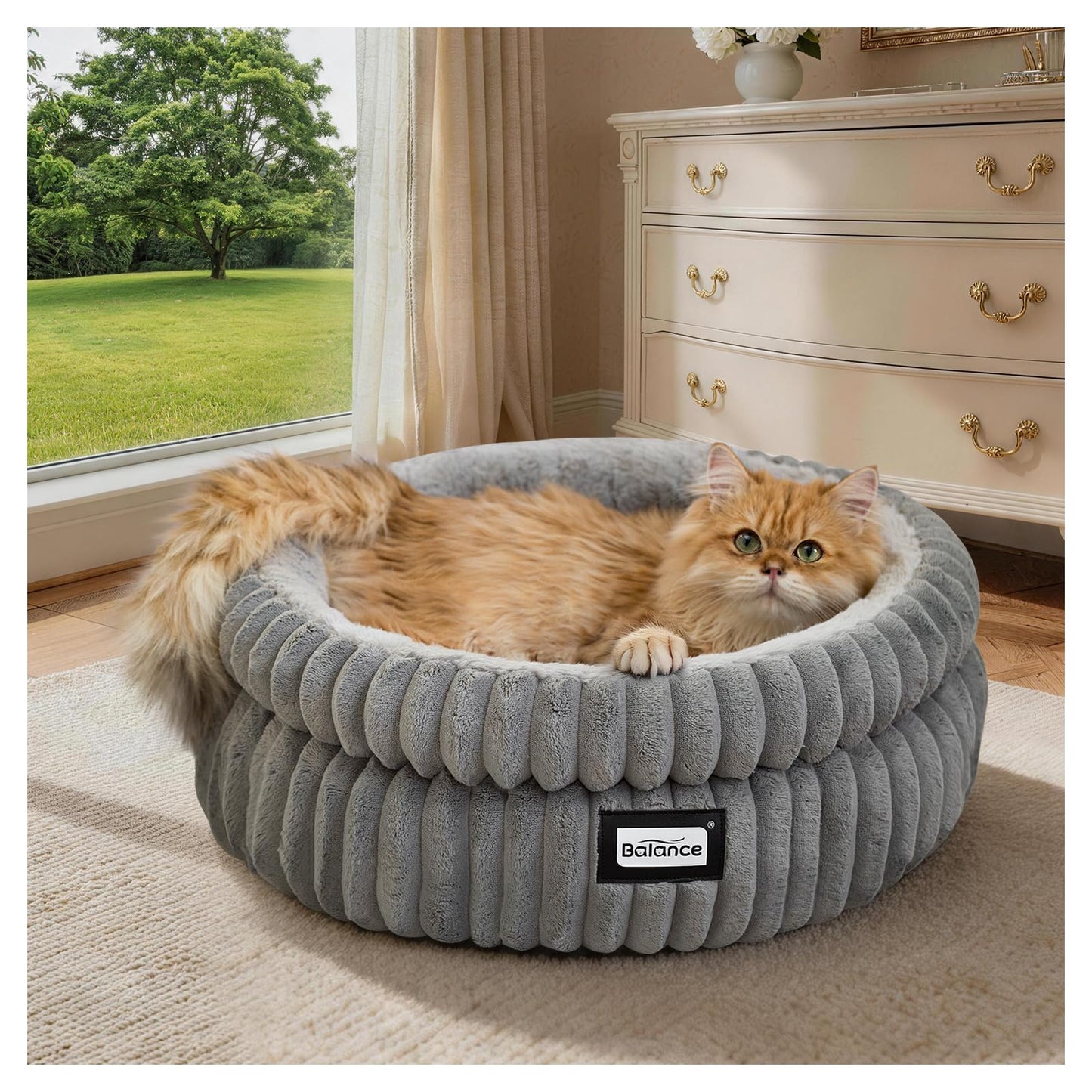 BALANCE Cat Bed Kitten Bed, Washable Round Cat Beds for Indoor Cats, Super Soft Plush Faux Fur Pet Bed for Puppy and Kitten with Anti-Slip Bottom