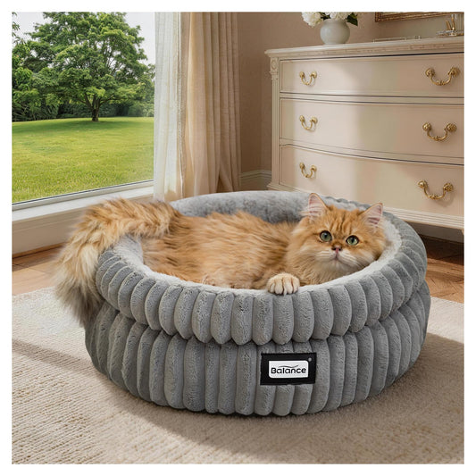 BALANCE Cat Bed Kitten Bed, Washable Round Cat Beds for Indoor Cats, Super Soft Plush Faux Fur Pet Bed for Puppy and Kitten with Anti-Slip Bottom