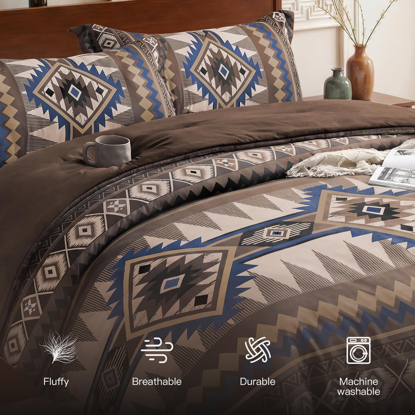 Tyrot Dark Brown King Size Comforter Set – 3 Piece Boho Aztec Western Bedding Sets, Soft Lightweight Comforter for All Seasons, Southwestern Style, 1 Comforter & 2 Pillow Shams