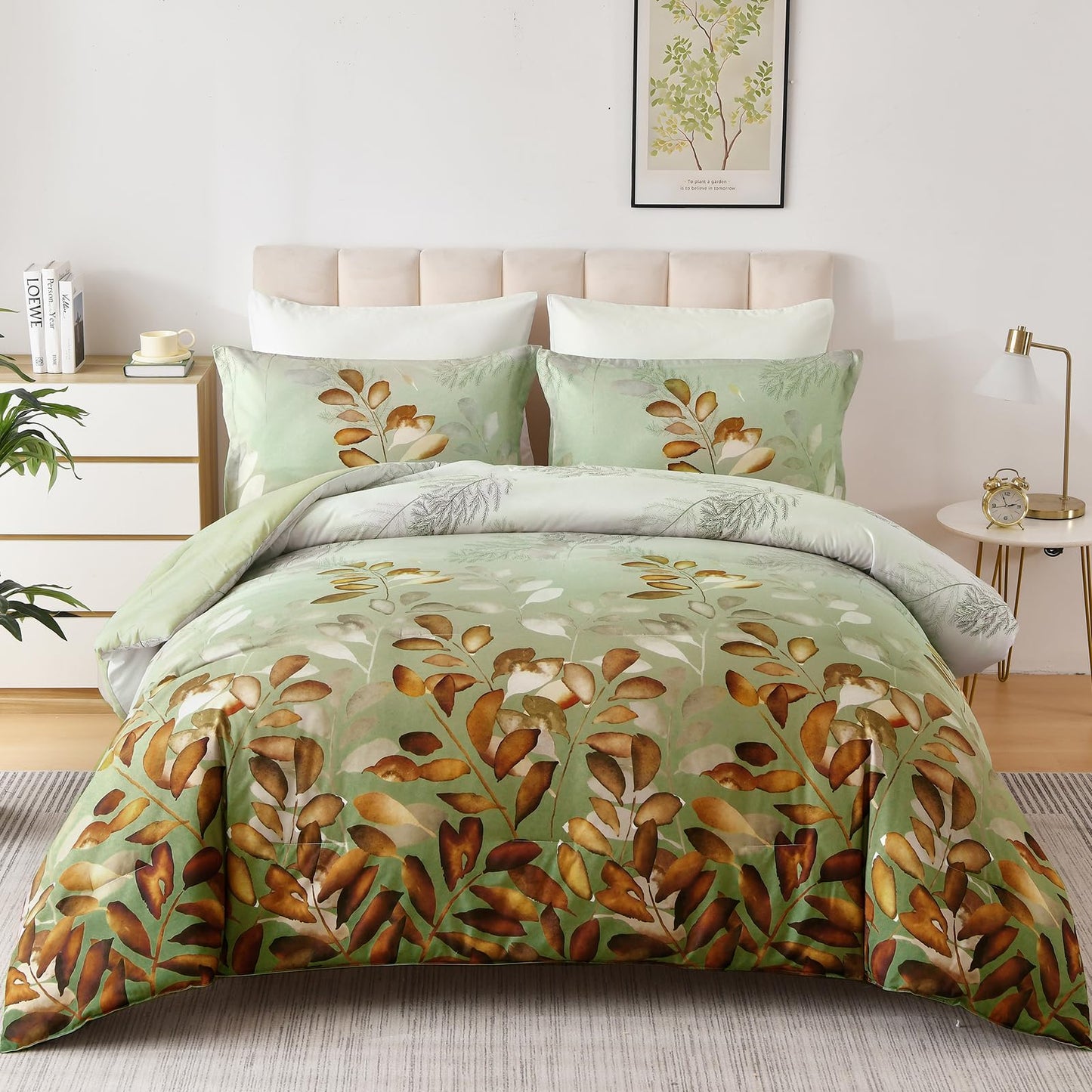 DJY King Size Comforter Set, Green Brown Botanical Leaves Comforter Set King, 3 Pieces Reversible Brown Floral Bed Comforter Sets Soft Microfiber Bedding Comforter Set for All Season (104"x90")