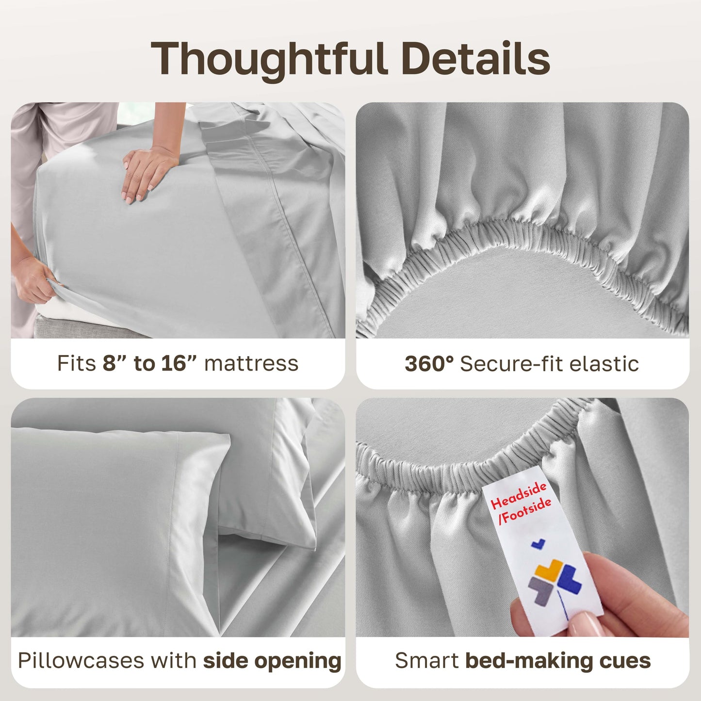 California Design Den - Bed Sheets Queen Size Set, Soft 100% Cotton Sheets Deep Pockets Snug Fit Elastic, 500 Thread Count Sateen, Sheet Sets for Bed (Light Grey)