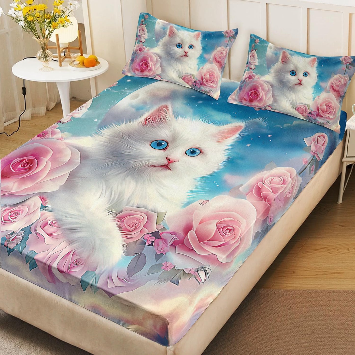 AILONEN 3D Beautiful Cat Fitted Sheet Set Twin Size, Kawaii White Kitten Bedding Set for Kids,Girls,Moon with Pink Rose Bed Sheet Set for All Season,1 Fitted Sheet + 2 Pillowcases,Breathable
