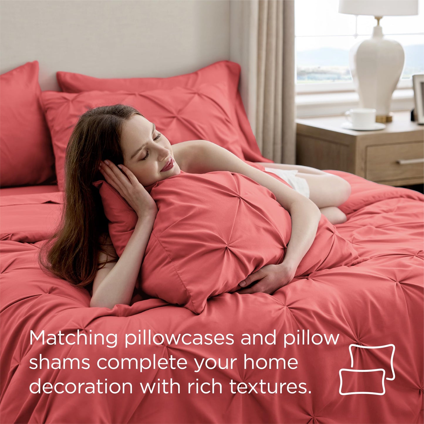 Bedsure Queen Comforter Set Coral Red - Bed in a Bag Queen Size Bedding 7 Pieces, GentleSoft™ Pintuck Bed Set Gift for Family, All Season Down Alternative Comforter with Sheets, Pillowcases & Shams