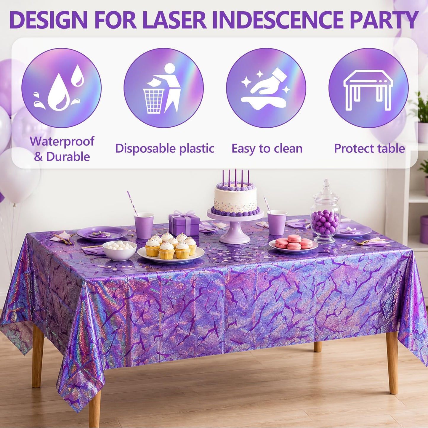 2 Pack K-Style Purple Birthday Decorations, 54x108 Inch Iridescent Holographic Laser Tablecloth Purple Lightning Pattern Disposable Waterproof Plastic Table Covers for Kids Girl Disco Halloween Party