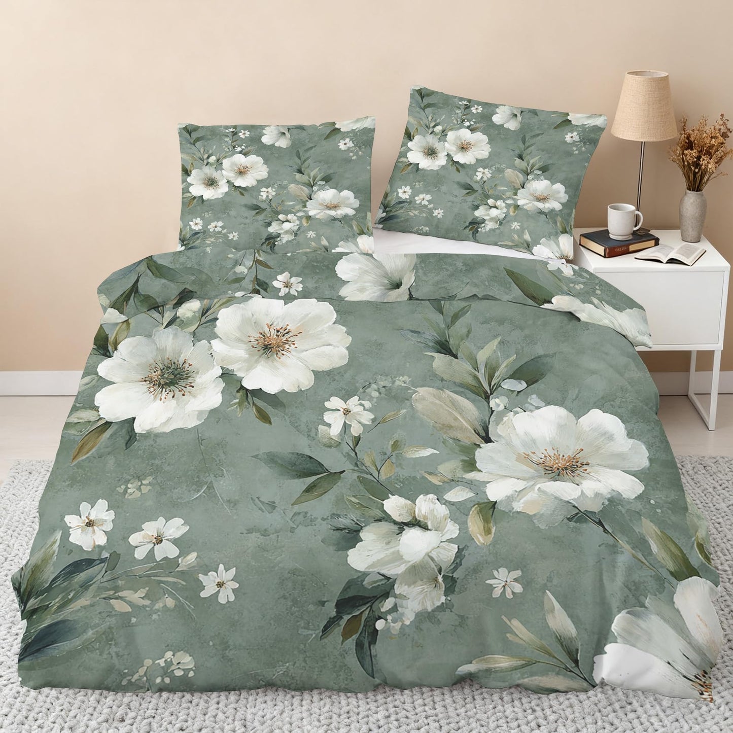 Floral Duvet Cover Queen, Botanical Leaves Bedding Set 3 Piece & 2 Pillowcases, White Flower Bedroom Decor, Reversible Soft Microfiber, Zipper Ties