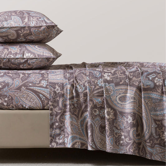FADFAY Twin Size Bed Sheet Set- 4 Piece 100% Cotton Vintage Paisley Floral Pattern Soft Crisp Breathable Sheets, Includes 1 Fitted Sheet, 1 Flat Sheet and 2 Pillowcases