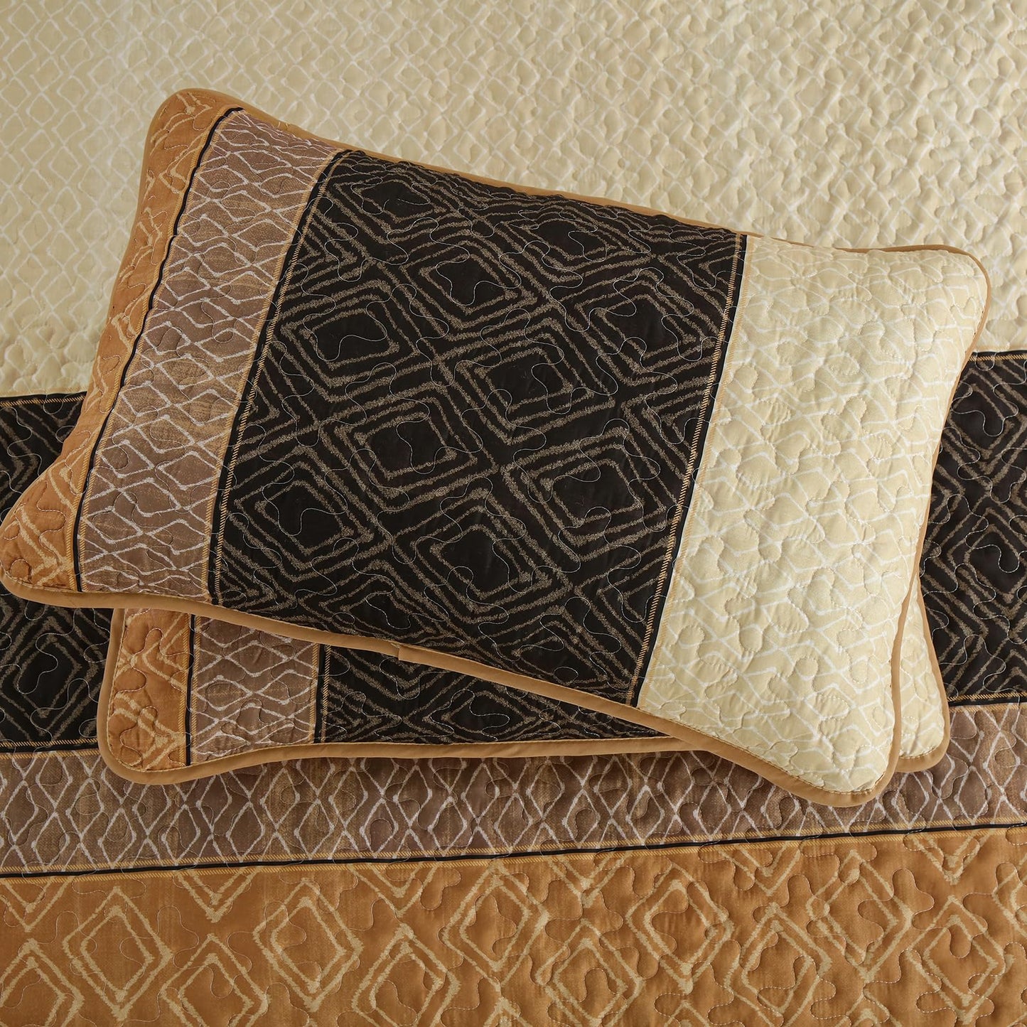 Cottolester Fall Quilt Set Queen Size 3 Pieces,Brown Striped Bedspread,Boho Plaid Bedding Set Soft Microfiber Quilt with 2 Pillow Shams 96"x90"