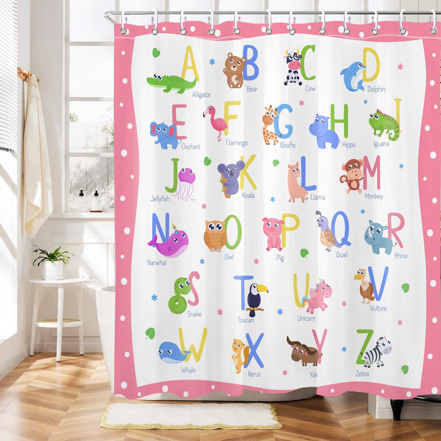 Mayormyth Kids ABC Shower Curtain Cute Alphabet Animal Educational Learning Shower Curtains for Girls Boys Cartoon Polka Dots Bathroom Curtain Polyester Waterproof Cloth Fabric with Hooks 72x72 Inches