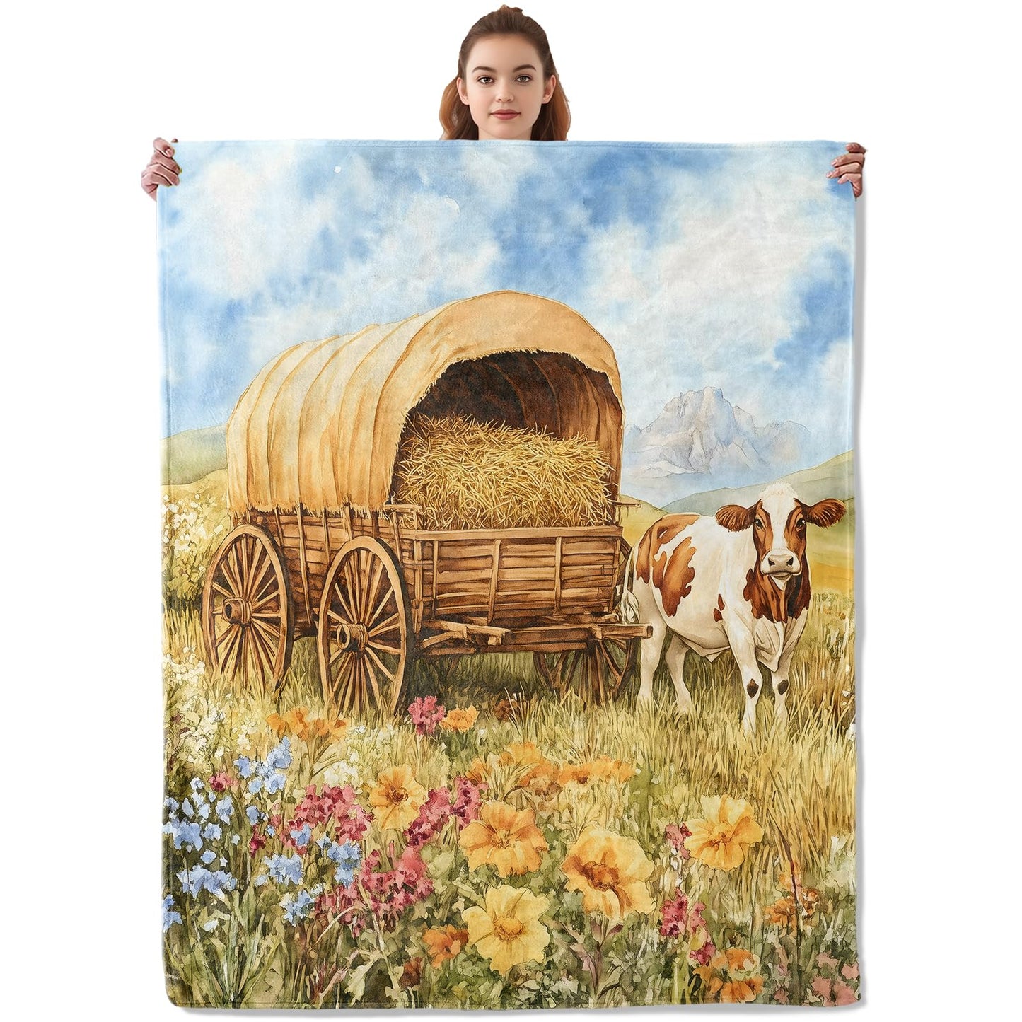 Kibue Cow Blanket, Warm Cozy Flannel Throw with Flower and Country Farm, Soft Lightweight Blankets for Travel, Sofa, Bedroom, Office, Rustic Pastoral Home Decor Gifts for Adults Women 60"×50"
