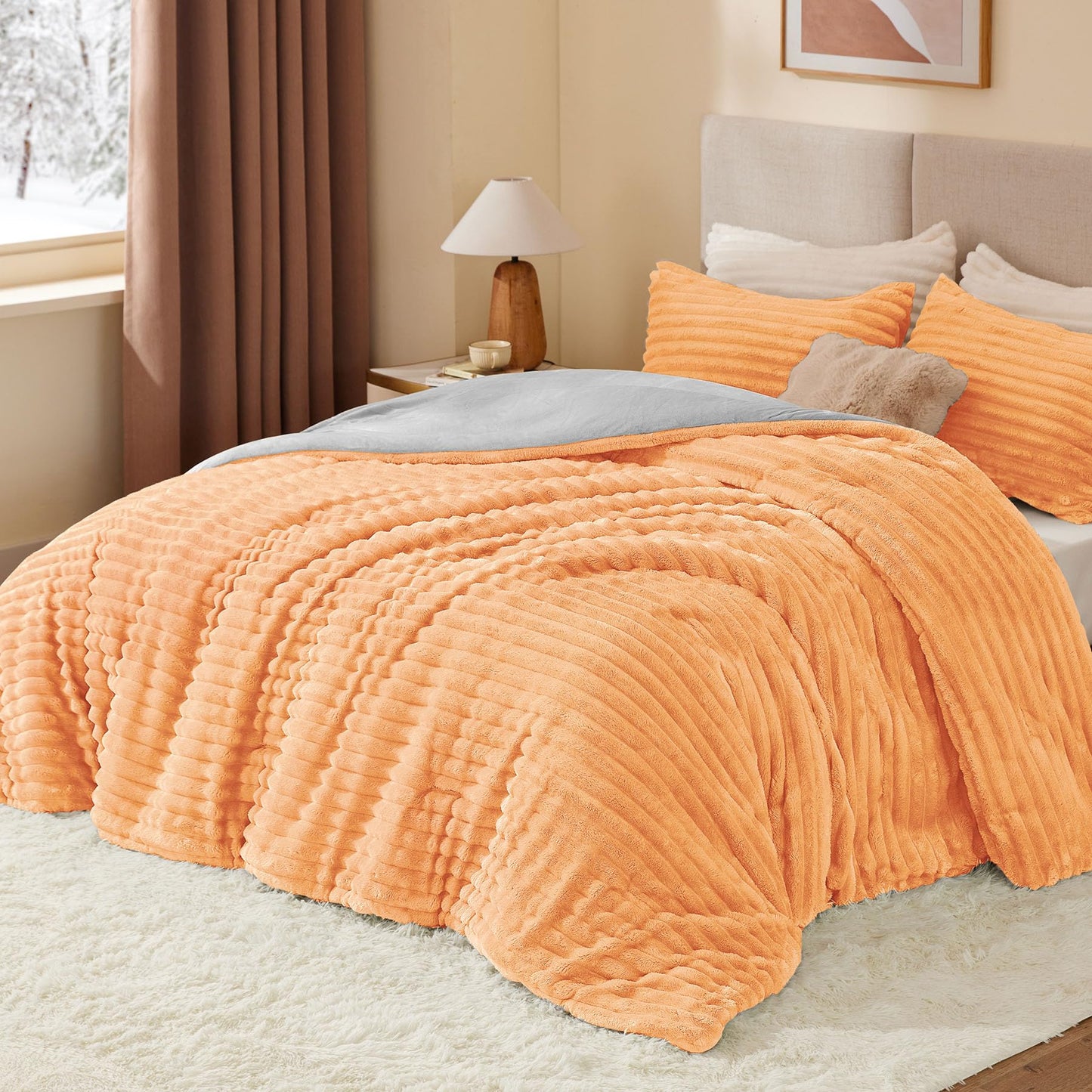 BEDELITE Fleece Queen Comforter Set -Super Soft & Warm Fluffy Coral Bedding, Luxury Fuzzy Heavy Bed Set for All Season with 2 Pillow Cases
