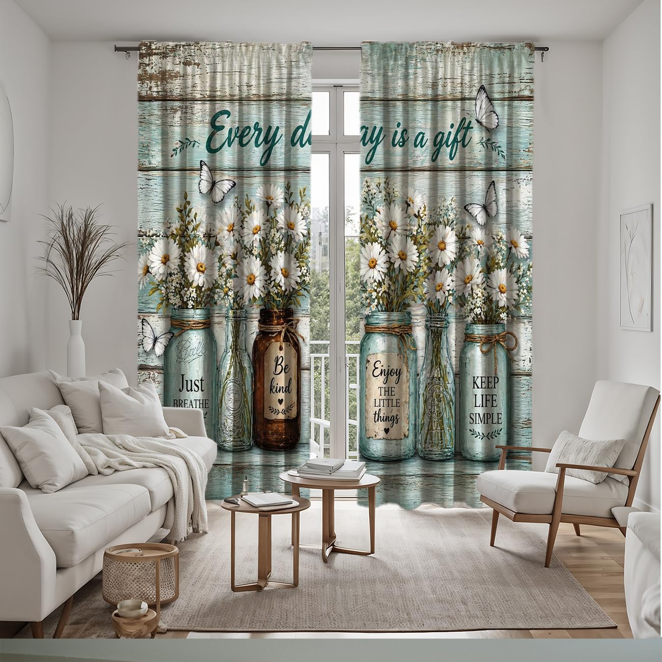 Farmhouse Kitchen Curtains for Windows, Rustic Blue Wood Wildlife Daisy Cafe Curtains Inspirational Quotes Every Day is a Gift Small Window Treatment for Bathroom Laundry Room 2 Panels 21x45 Inch