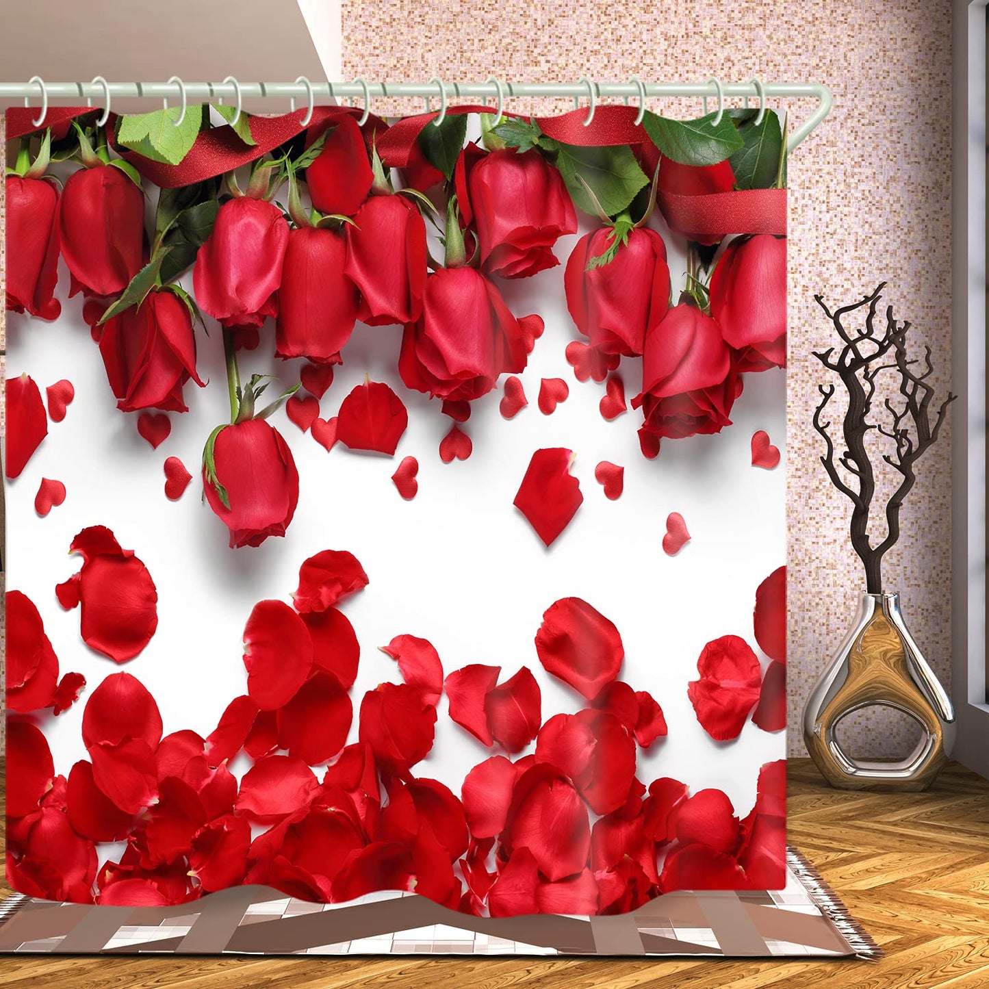 LYFANS Waterproof Fabric Shower Curtains Lining Printed Red Rose Petal Covered Bathtub Bathroom Curtain Includes 12 Shower Curtains Hooks, 59 x 72 Inch Peep Proof Shower Curtain.