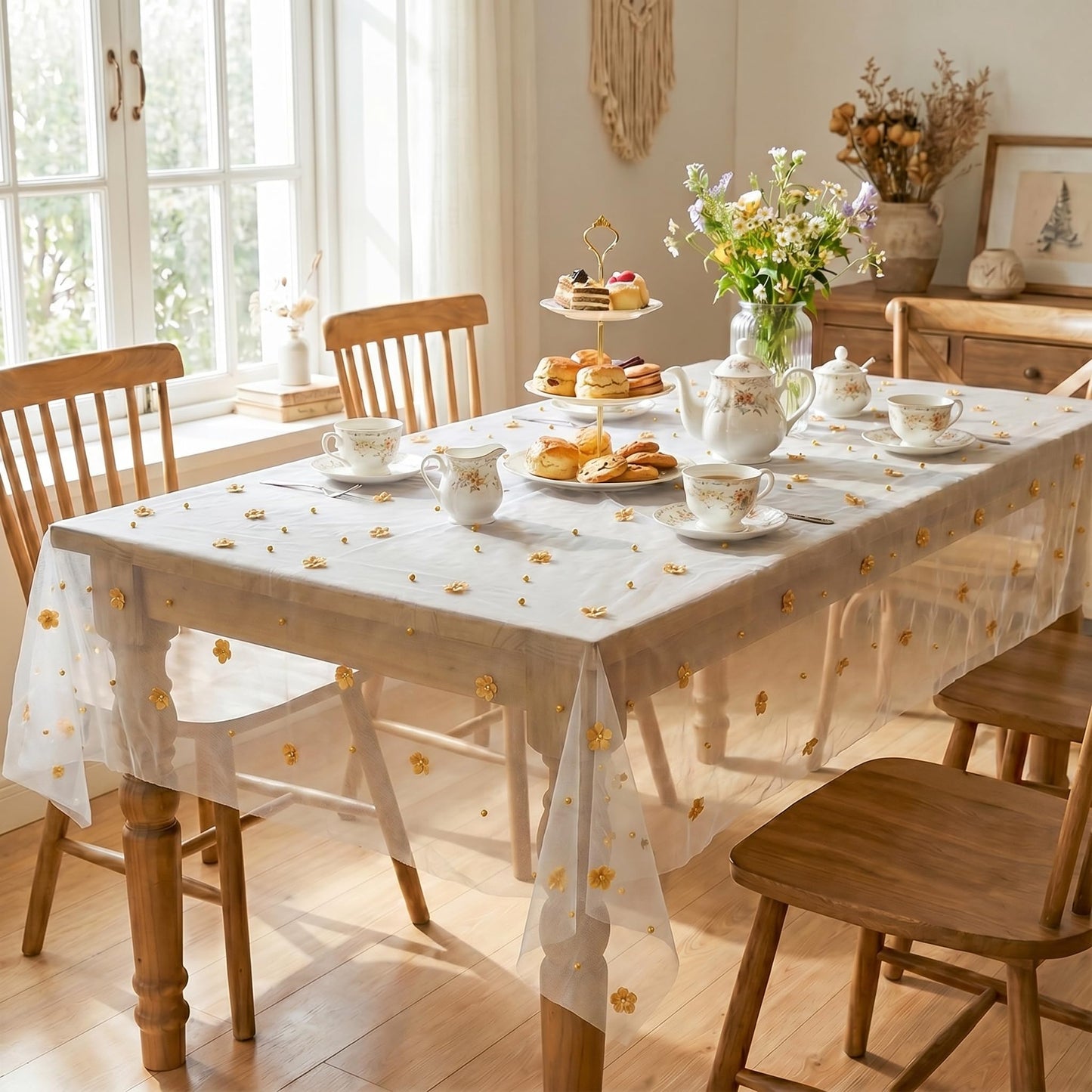 Horaldaily Yellow Flower Pearl Beige Gauze Table Cloth 60×84 Inch Rectangular, Seasonal Sheer Tulle Cheesecloth, Bridal Shower Table Cover for Wedding Birthday Table Decor