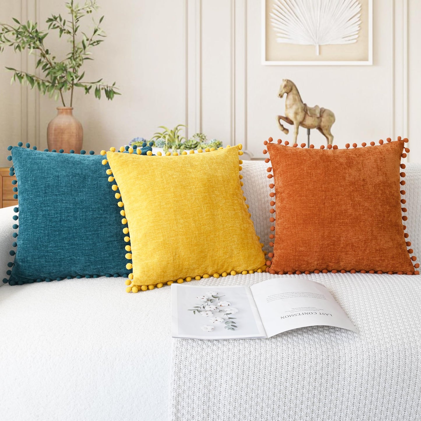 CaliTime Throw Pillow Covers Decorative 18 X 18 Inches Pack of 2 Cozy Solid Dyed Soft Chenille Cushion Cases with Pom Poms for Couch Sofa Bed Living Room Home Ocean Blue