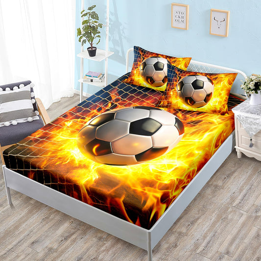 HOSIMA Soccer Twin Bedding Sets for Kids,Soccer Wrapped in Fire Kicked into Goal,Lightweight Sports Themed Football Fitted Sheet for Teens Boys Room Decor,1 Fitted Sheet+2 Pillowcases.