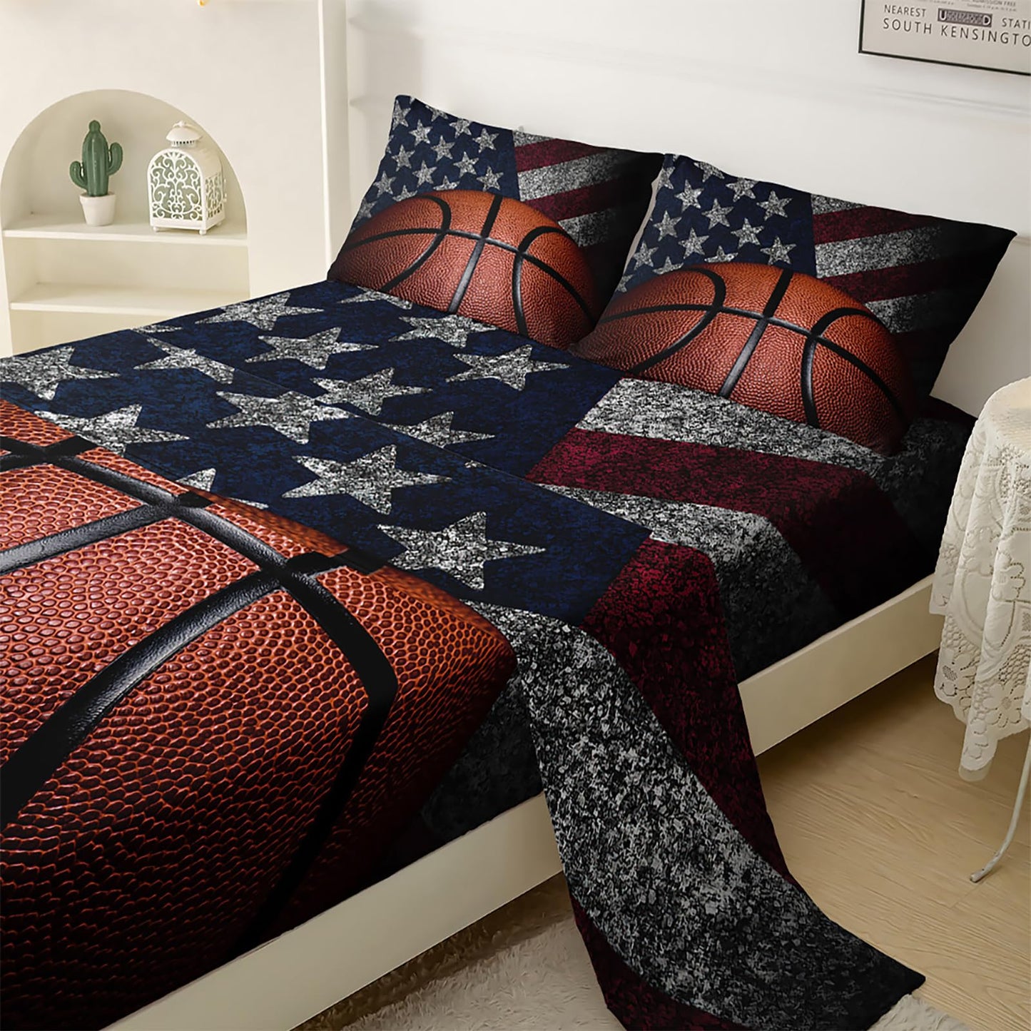 QOOMO Basketball Sheet Set,American Flag Kids Bed Sheets,Sports 16" Deep Pocket Bed Sheet Set for Boys/Girls/Kids/Teens，4 Piece Sheet Set, 1 Fitted Sheet,1 Flat Sheet and 2 Pillowcases，Twin Size