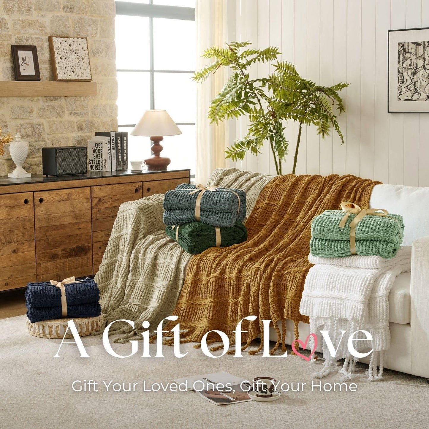 Boho Knitted Chenille Blanket with Tassels - Lightweight & Soft All-Season Throw - 3D Classic Pattern for Living Room Bedroom Couch, Amber Brown, Queen 90"x90"