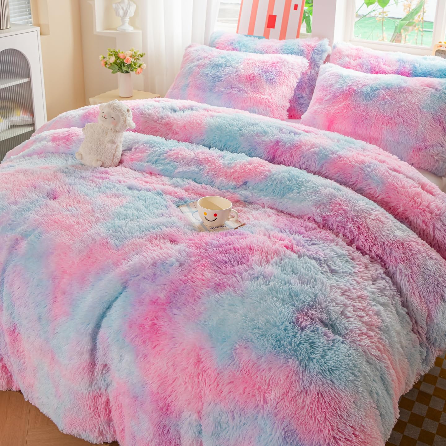 Roscloud Faux Fur Kids Girls Purple Rainbow Comforter Sets Twin/Full - 3PC Bed Set Warm Comfortable Soft Plush Flannel Velvet Fluffy Fuzzy Bedding（Comforter x 1 Pillowcases x 2）