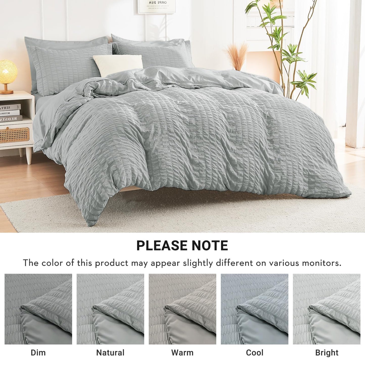 HYMOKEGE Light Grey Oversized Queen Comforter Set Seersucker 7 Pieces, All Season Luxury Bed in a Bag for Bedroom, Bedding Set with Comforter, Sheets, Pillowcases & Shams