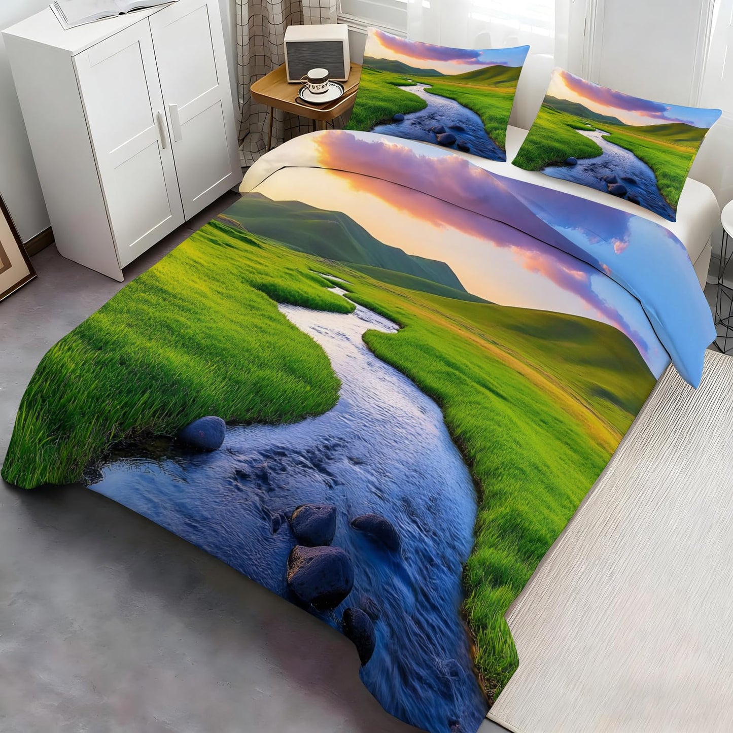 Grassland Comforter Cover 80" x 90", Green Prairie Bedding Full Size, Spring Landscape Duvet Cover with 2 Pillowcases