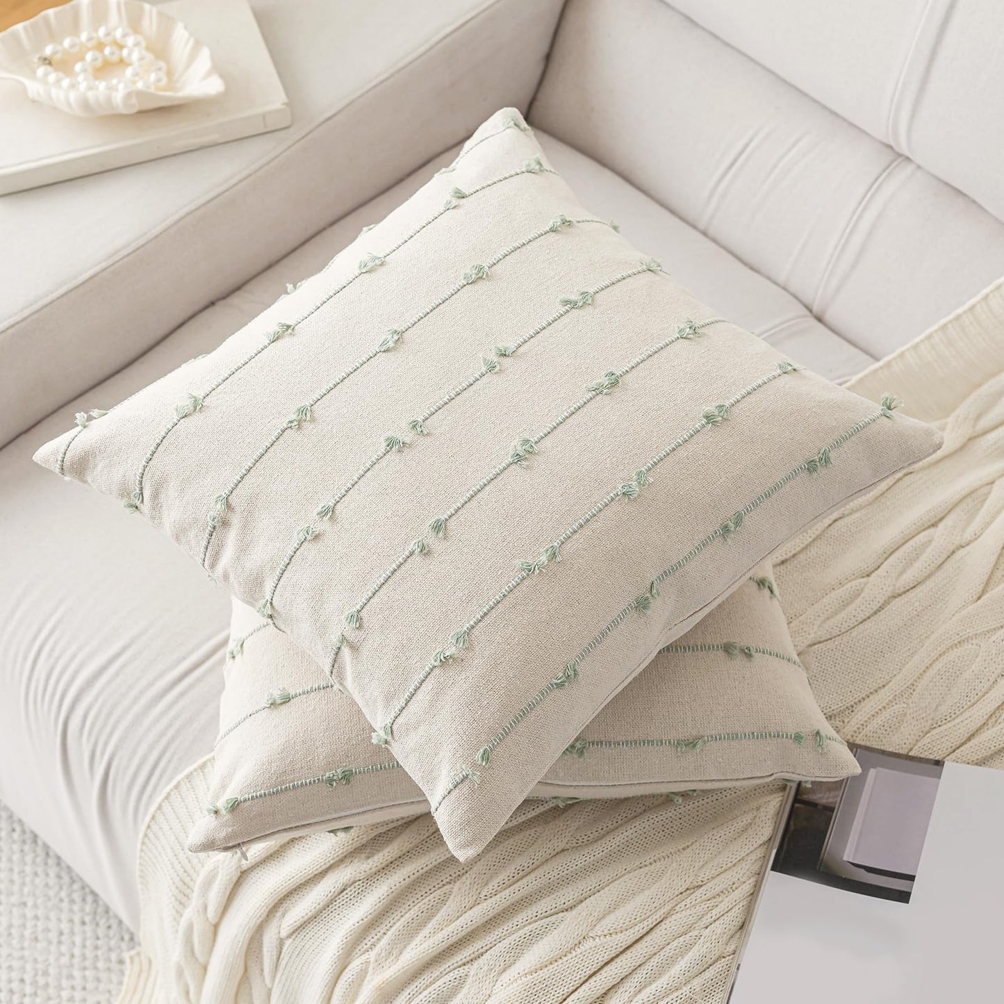 YEENAASY Boho Throw Pillow Covers 18x18 Set of 2 Modern Farmhouse Decorative Cushion Case Tufed Square Pillows Cover Neutral Pillow Cases Accent Pillowcase for Sofa,Couch,Bed,Beige and Green