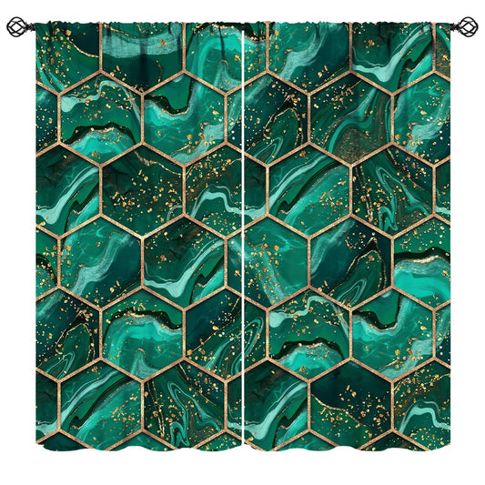 BPANAOAD Green Hexagon Marble Blackout Curtains 2 Panels, Gold Foil Print Luxury Modern Geometric Grommet Drapes, Thermal Insulated Room Darkening Window Treatments for Living Room Bedroom 42x44 Inch
