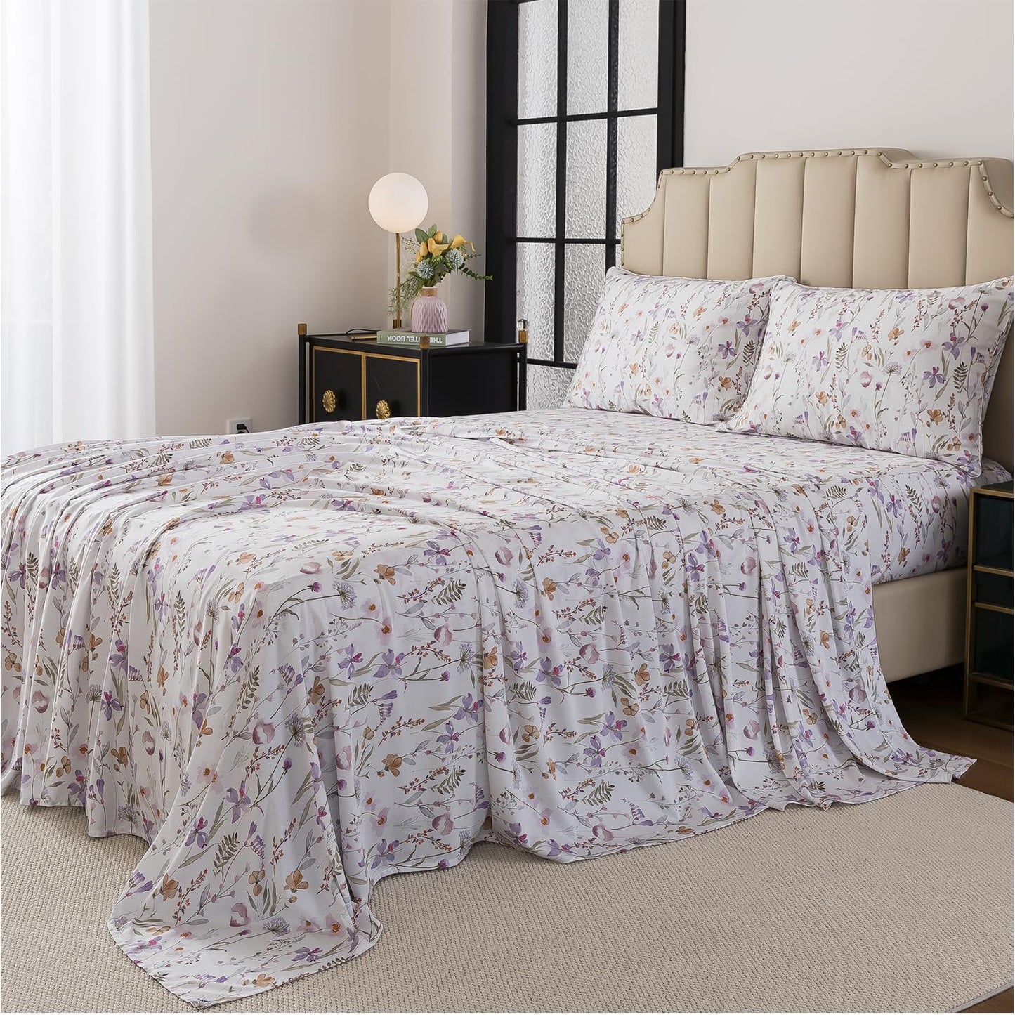 FADFAY Twin Size Sheet Set, 70% Viscose Derived from Bamboo, 30% Cotton 4 Pieces Country Style Lavender and Orange Floral Print Bedding, Deep Pocket Fitted Sheet