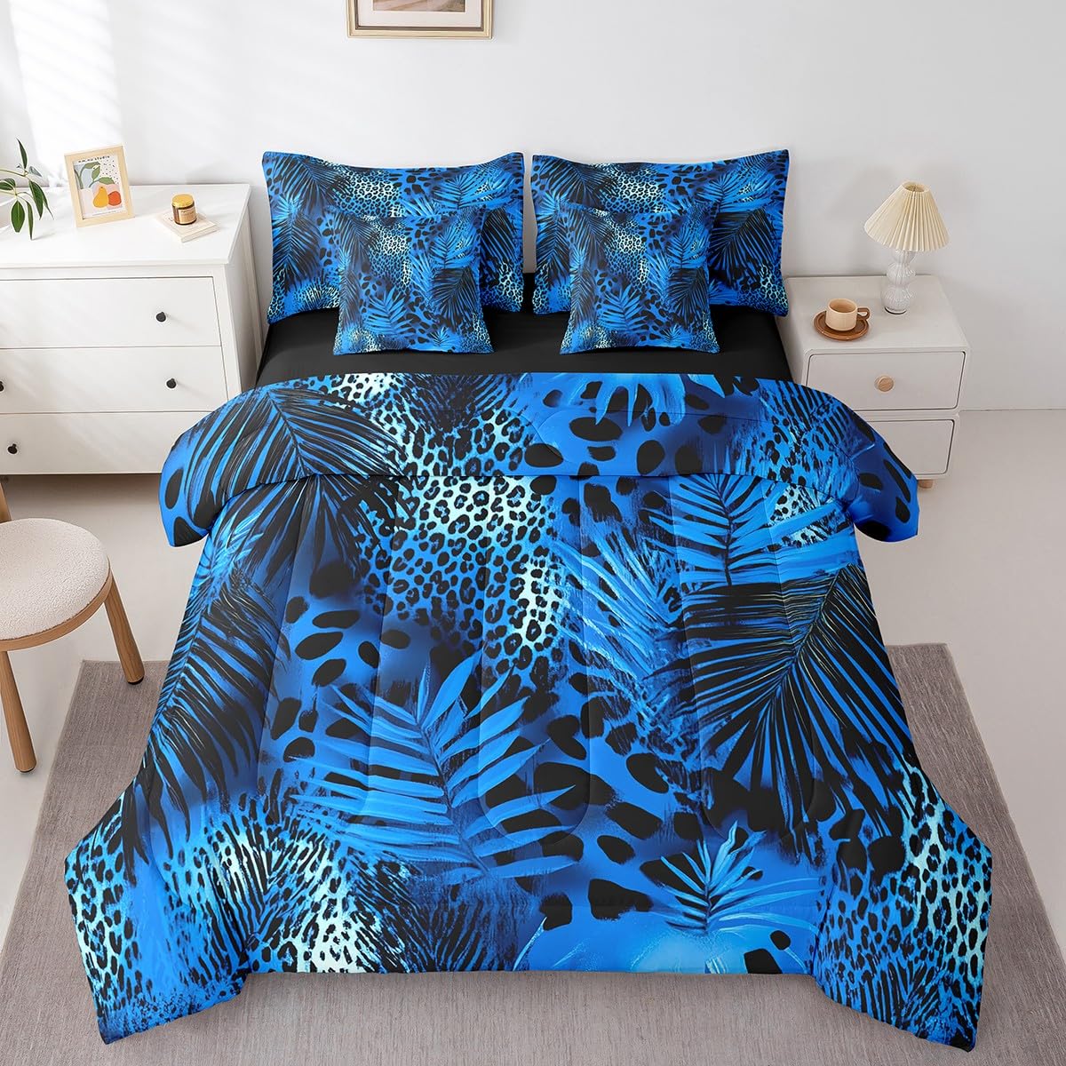 Erosebridal Blue Cheetah Print Comforter Set 7 Piece Bed in a Bag Twin,Botanical Leaf Bedding Sets Big Cat Wild Animal Hide Sheet Set with Comforter,African Safari Animals Fur Bed Set