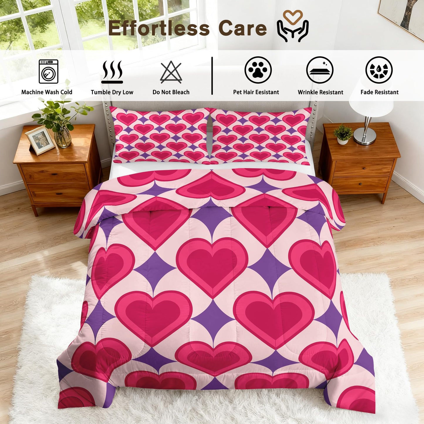 TANCAPRIUM Retro Heart Comforter Set Twin - 70s Bedding Set & 2 Pilow Cases for All Season - Soft Reversible Down Alternative 3 Piece. Retro Bedrom Decor