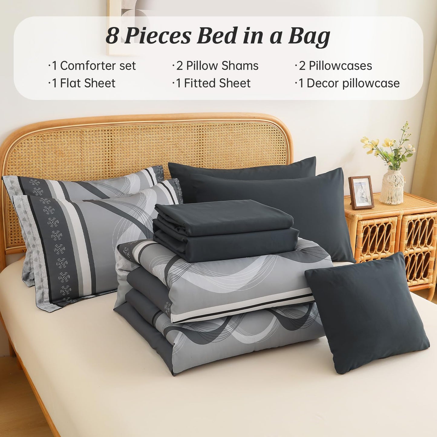 Anibedding Grey Comforter Set Queen Size,8 Pieces Bed in a Bag Patchwork Striped Bedding Sets,Boho Soft Microfiber Bedding Set for All Season(90"×90")